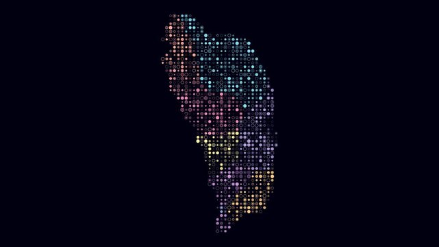 Dominica map animation. Shape of the country with pulsating colored dots. Small size circle blocks. Digital style Dominica map on dark background. Creative video.