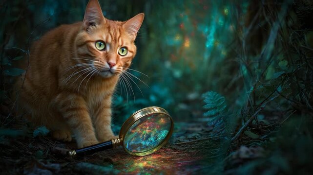 Focused ginger cat with a magnifying glass exploring nature a curious pet observing the world