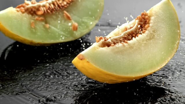 Pieces of melon fall on a wet surface. Filmed on a high-speed camera at 1000 fps. High quality FullHD footage