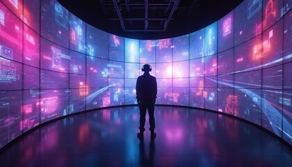Man in headphones stands in room. Curved wall of many digital screens shows glowing cityscapes. Bright neon purple and blue lights reflect on floor. Future tech room.