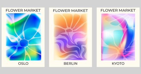 Abstract colorful gradient floral poster set for modern design. Minimalist poster with flower. Modern  wallpaper design for home decoration, website, banner, ads