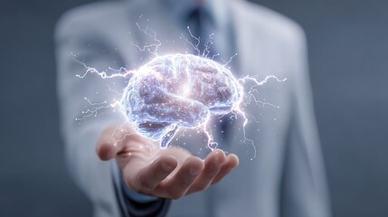 Brain in Focus: A man holds a glowing brain in his palm, showcasing intellect and the power of thought in this captivating conceptual image.