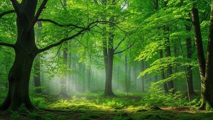 Lush green forest with sunlight filtering through trees nature landscape scene