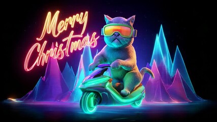 A cool cat rides a neon motorcycle with a Merry Christmas sign a vibrant and festive illustration for holiday greetings and fun designs - Powered by Adobe