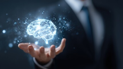 Unveiling Intellect: A businessman in a crisp suit tenderly cradles a glowing, digital representation of a human brain, symbolizing innovation, intelligence.