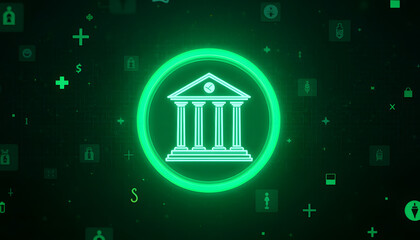 Digital bank icon glowing green on dark abstract background with binary code