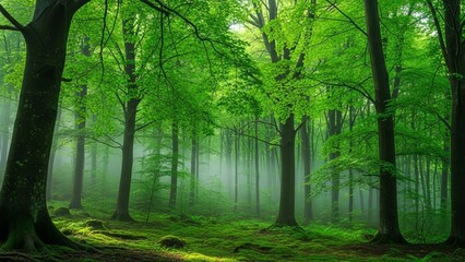 Fototapeta premium Lush forest scene with tall trees and vibrant green foliage under sunlight