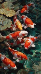 Koi fish swimming in a pond with lily pads overhead view