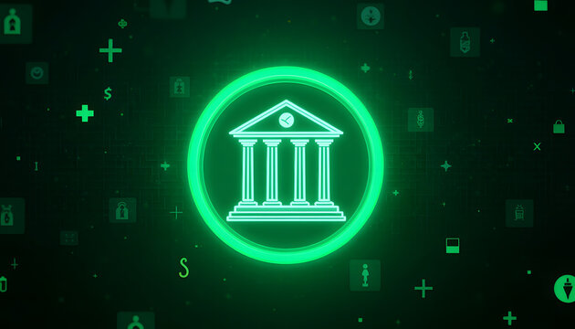 Digital bank icon glowing green on dark abstract background with binary code - Powered by Adobe