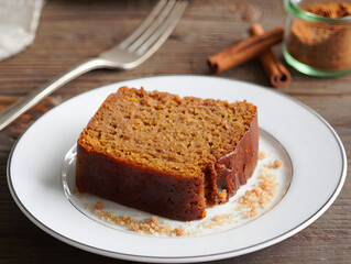 A delicious slice of moist homemade pumpkin spice bread served on a white plate with cinnamon sticks and a fork