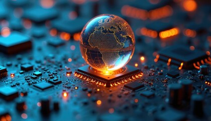 Glowing planet Earth rests on computer chip. Digital world map on circuit board shows global connections. Technology and data flow across electronic components.