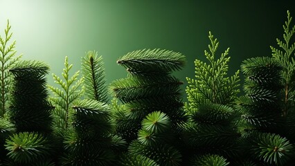 Close up of evergreen tree branches against a green gradient background