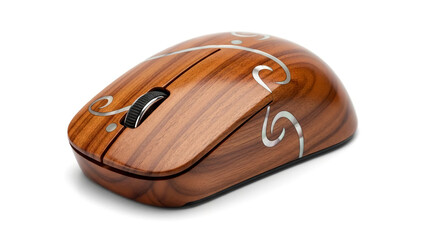 Elegant wooden computer mouse with natural grain and decorative inlay