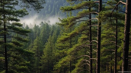 Forest landscape with tall evergreen trees and morning mist in the distance
