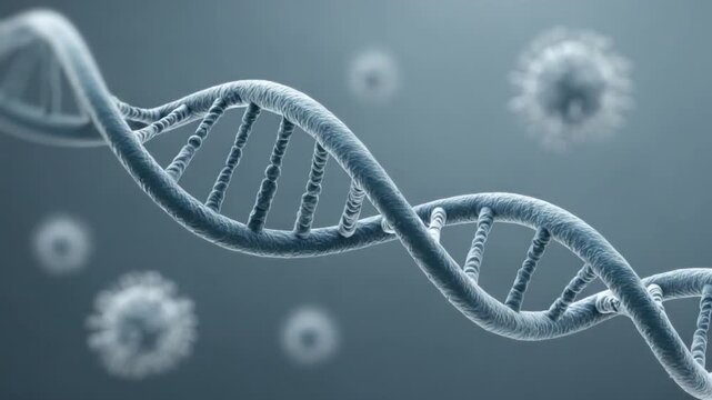 Abstract representation of DNA helix with virus structures in the background illustrating genetics and microbiology concepts  4k video footage