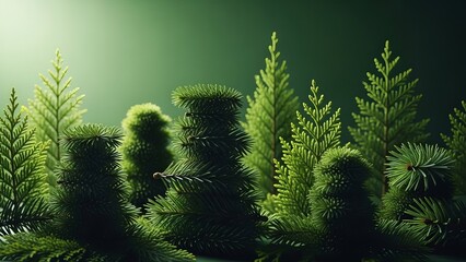 Green artificial fir trees in a gradient background concept illustration