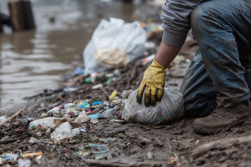 Volunteers Cleaning Polluted Water – Environmental Care, Pollution Fight, and Community Action Concept