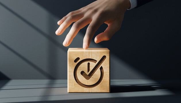 Businessman's hand touching a wooden cube with a checkmark clock icon, symbolizing time management and approval.