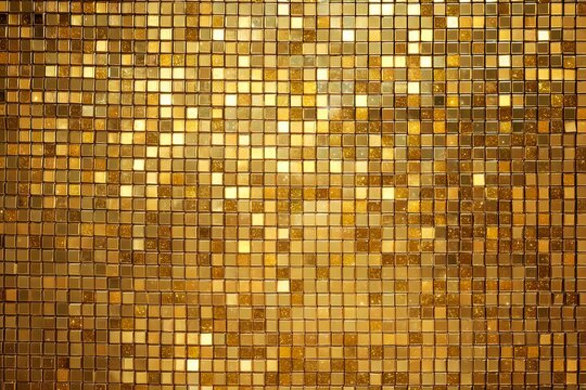 A gold wall with shimmering gold square sequins in a seamless pattern creates a luxurious and glamorous backdrop for various events or special occasions. 