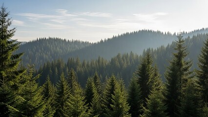 Panoramic view of a lush green forest with rolling hills under a hazy sky
