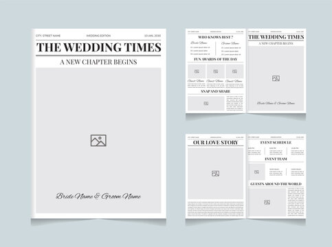 Wedding Newspaper Template &ndash; Vintage Wedding Times Design &ndash; Editable Wedding Program, Schedule, Love Story, Printable A4 Size