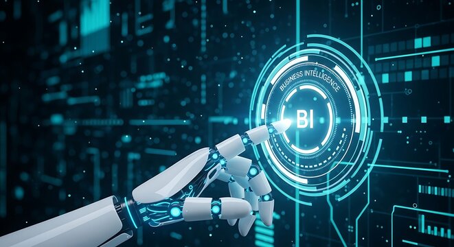 Robotic arm pressing a glowing bi button on a futuristic interface, symbolizing business intelligence and automation