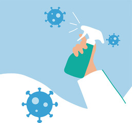 Hand spraying disinfectant from a green bottle towards blue virus particles against a light blue background.