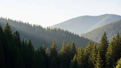 Mountain landscape with evergreen trees and sunlight casting shadows across the hills