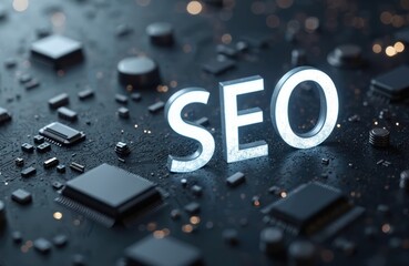 3D letters SEO glow on circuit board background. Search engine optimization concept on modern tech background. Web design digital marketing, business growth concept. SEO optimization for website