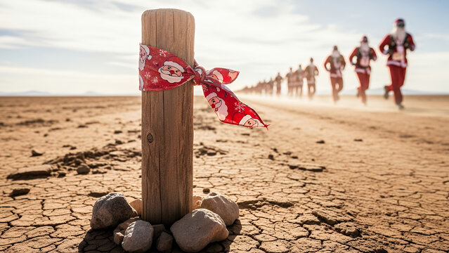 Group of runners in Santa costumes racing across barren landscape   - Powered by Adobe