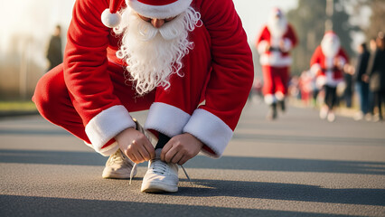 Santa Claus tying shoelaces before running at Santa Fun Runs event