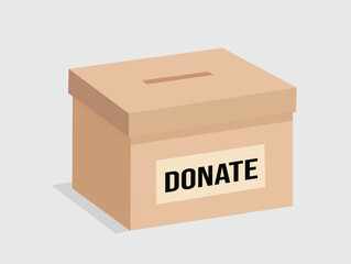 A simple, closed cardboard donation box with a slot on top and the word "DONATE" printed on a label on the front.