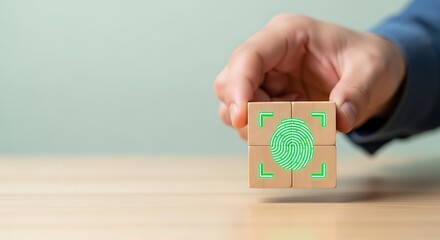 A hand holding a wooden block with a green fingerprint symbol, representing biometric identification and security technology