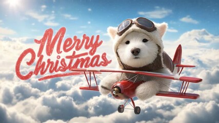 Adorable puppy dressed as a pilot flies a red airplane through fluffy clouds a festive Christmas illustration for holiday greetings and cards