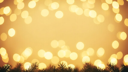 Christmas lights display with blurred golden lights and evergreen branches for festive mood. Christmas lights bring warmth and cheer, enhanced by pine needles against a golden backdrop.
