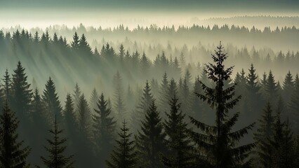 Forest landscape with layers of trees and morning fog creating a natural scene