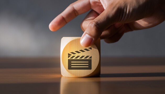 A human hand carefully positioning a wooden block featuring a clapperboard icon, powerfully symbolizing the inception of a film production or the broader entertainment industry and creative ventures