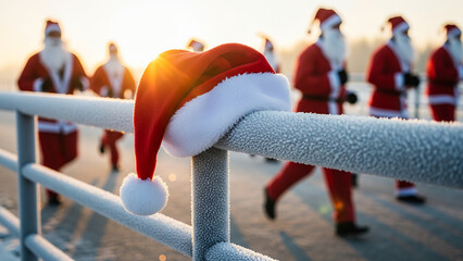 Santa hat resting on railing during festive fun run in winter  