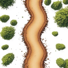Aerial view of winding dirt road surrounded by green bushes and trees on white background image