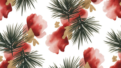 seamless watercolor pattern with overlapping pine branches and red gold washes