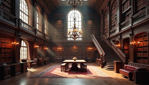 Ornate library interior with classic design. Wooden bookshelves filled books. Grand staircase leads up. Chandelier hangs from ceiling. Sunlight streams through arched windows creating mood. - Powered by Adobe