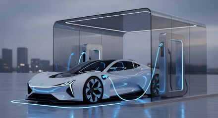 Naklejka premium Futuristic Electric Car Charging at Modern Station with Cityscape.
