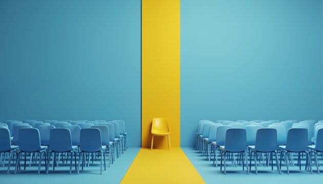 Yellow chair standing out among blue chairs in large empty room. 3D rendering of business concept. Unique chair on yellow path in middle of blue chairs. Leadership, individuality represented by
