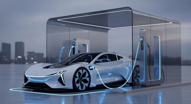 Futuristic Electric Car Charging at Modern Station with Cityscape.