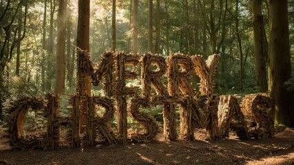 Merry Christmas text art made of natural materials in a forest setting festive holiday greeting perfect for seasonal cards and promotions