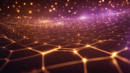 Glowing network connections in a futuristic digital space with purple and orange lights