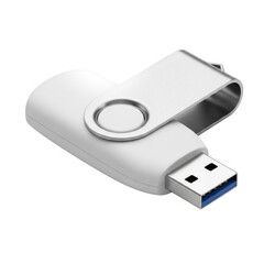 White swivel usb flash drive with metal connector cap isolated on transparent background