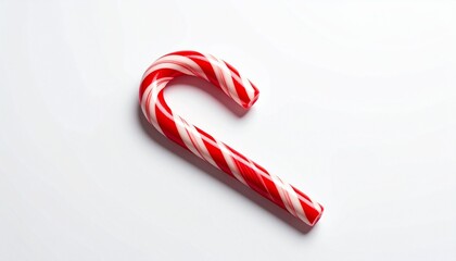 Single red and white striped candy cane with curved top, placed on plain white background with small red fragments.