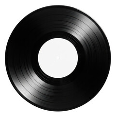 Obraz premium Closeup view of a black vinyl record with a blank white center label, isolated on transparent background
