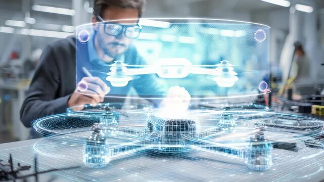 Focused engineer designs next generation drone using augmented reality tools in a cutting edge lab. Digital hologram overlays highlight the integration of technology and creativity in robotics